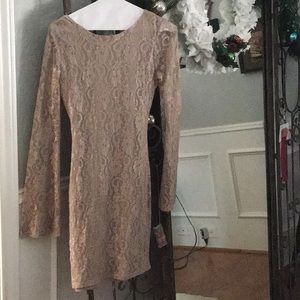 Champagne colored lace party dress with low back